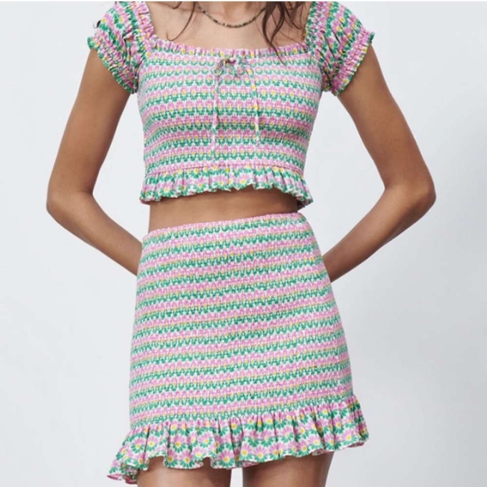 💜FINAL PRICE- Zara Skirt Set- Pink Green Floral Smocked Two-Piece Set